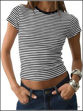 Slim Fit Striped Crop Tee, Cotton Blend, Y2K Preppy Style